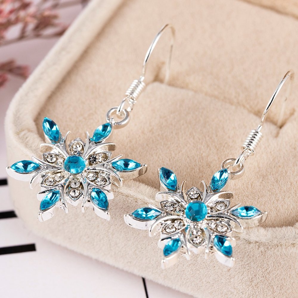 Elegant Blue Rhinestone Snowflake Drop Earrings